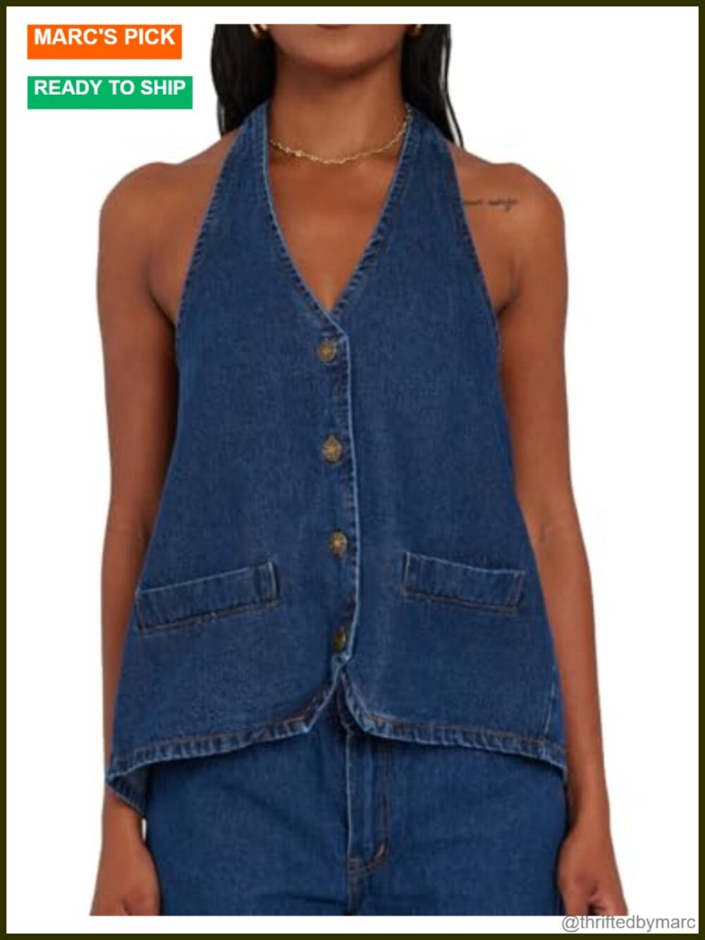 Denim Vest Top Halter V Neck Button Up Backless Sleeveless Cropped Tank